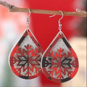 Beautiful Buffalo Plaid Sparkly Snowflake Christmas Earrings